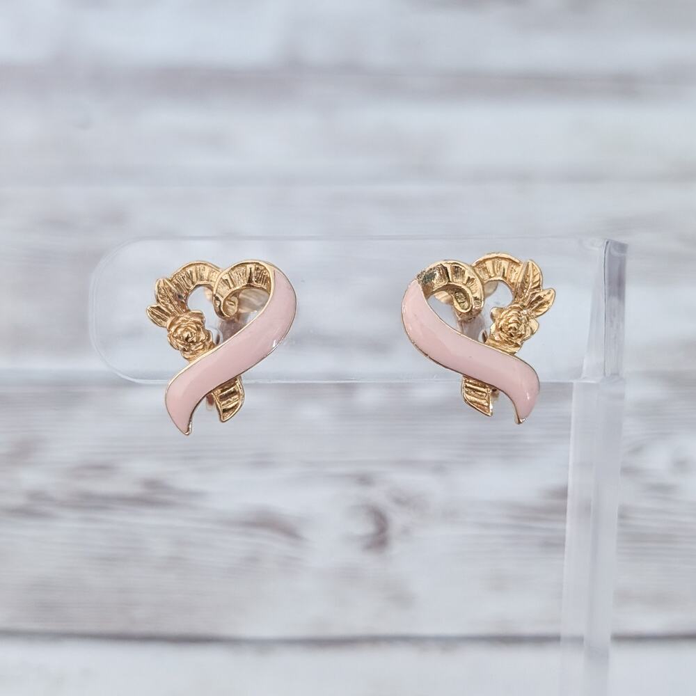 Vintage Clip On Earrings Pink Enamel & Gold Tone Heart